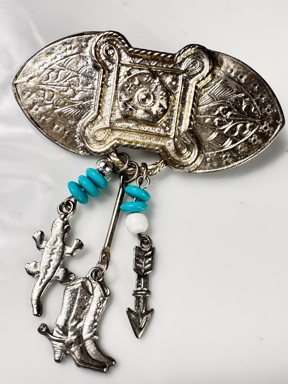 Vintage Turquoise and Silver Western Charm Brooch